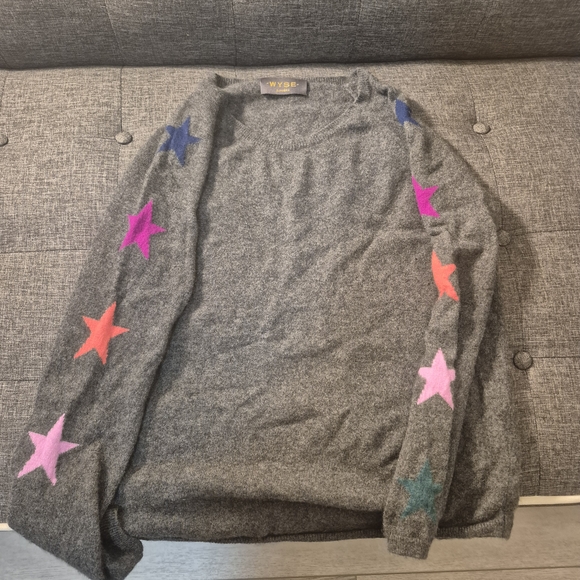 Wyse London Sweaters - WYSE Gray Off-the-Shoulder Sweater with Colorful Stars